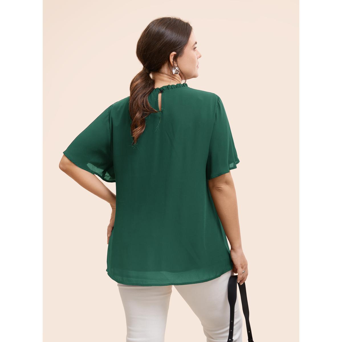 Plus Size Black Anti-Wrinkle Shirred Ruffle Sleeve Mesh Frill Trim Blouse Women Office Short sleeve Stand-up collar Work Blouses BloomChic 14-16/1X Product Image