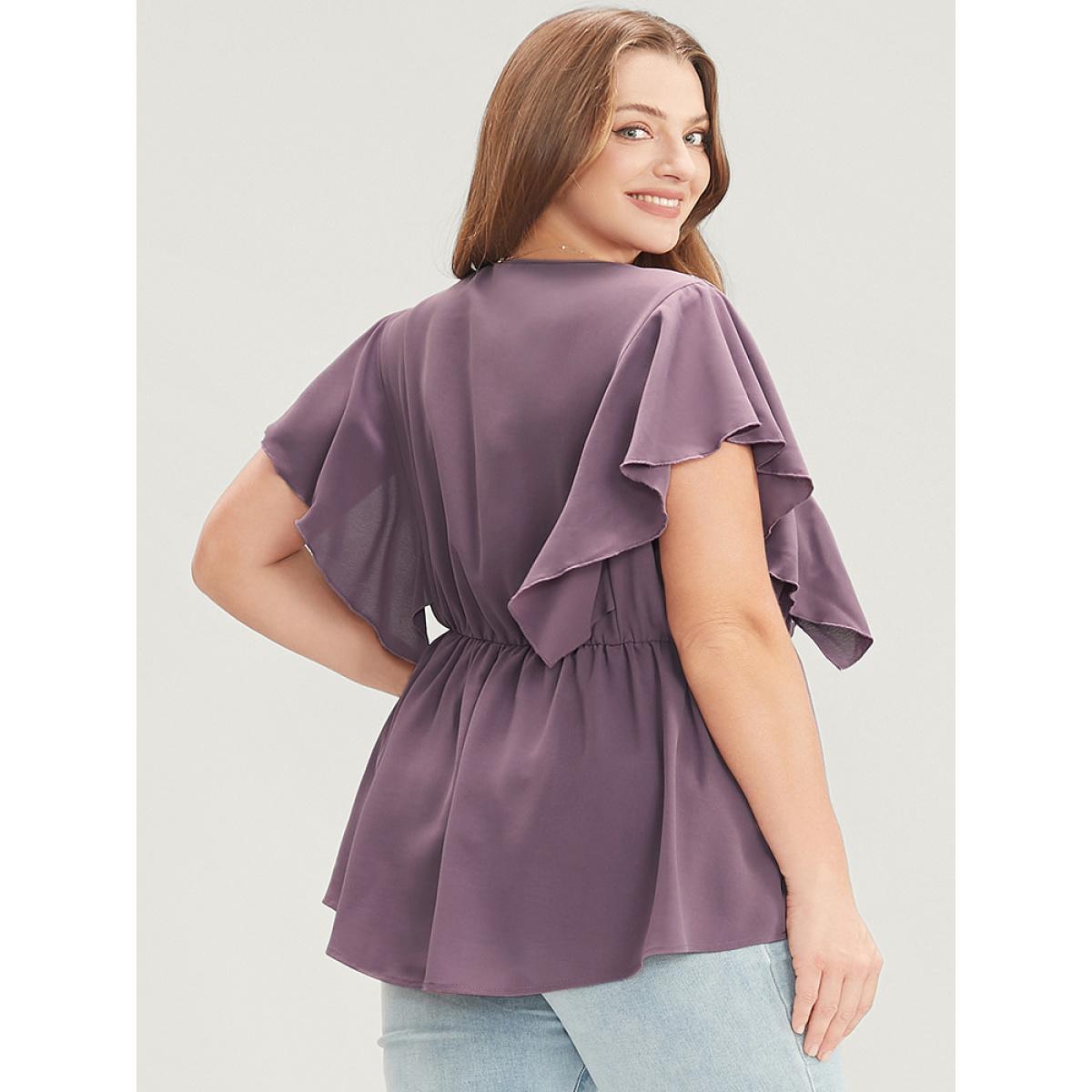 Plus Size Mauve Floral Embroidered V Neck Ruffle Sleeve Blouse Women Vacation Short sleeve V-neck Dailywear Blouses BloomChic 22-24/3X Product Image