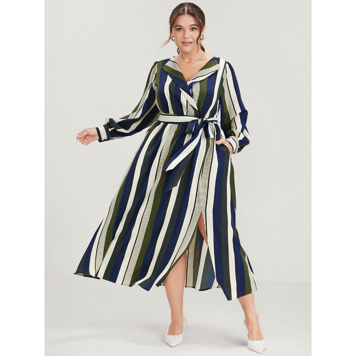 Plus Size Striped Pocket Split Belted Lapel Collar Midi Dress ArmyGreen Women Office Pocket Lapel Collar Long Sleeve Curvy Midi Dress BloomChic 10/M Product Image