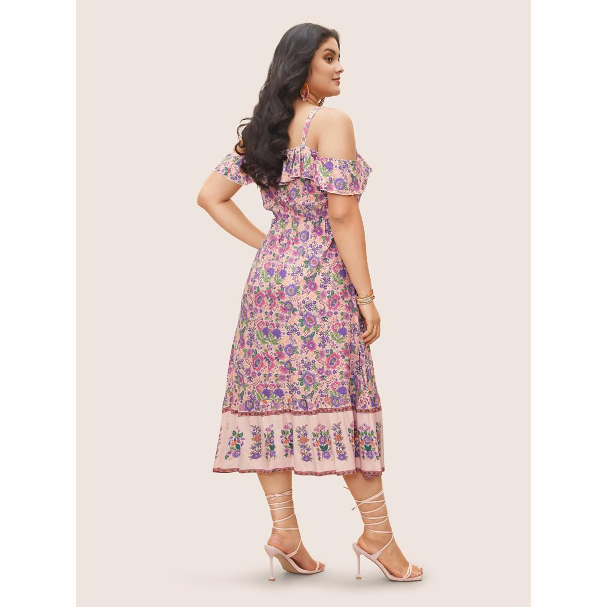 Plus Size Floral Cold Shoulder Ruffles Shirred Dress Pink Women Resort Shirred Non Short sleeve Curvy Midi Dress BloomChic 18-20/2X Product Image