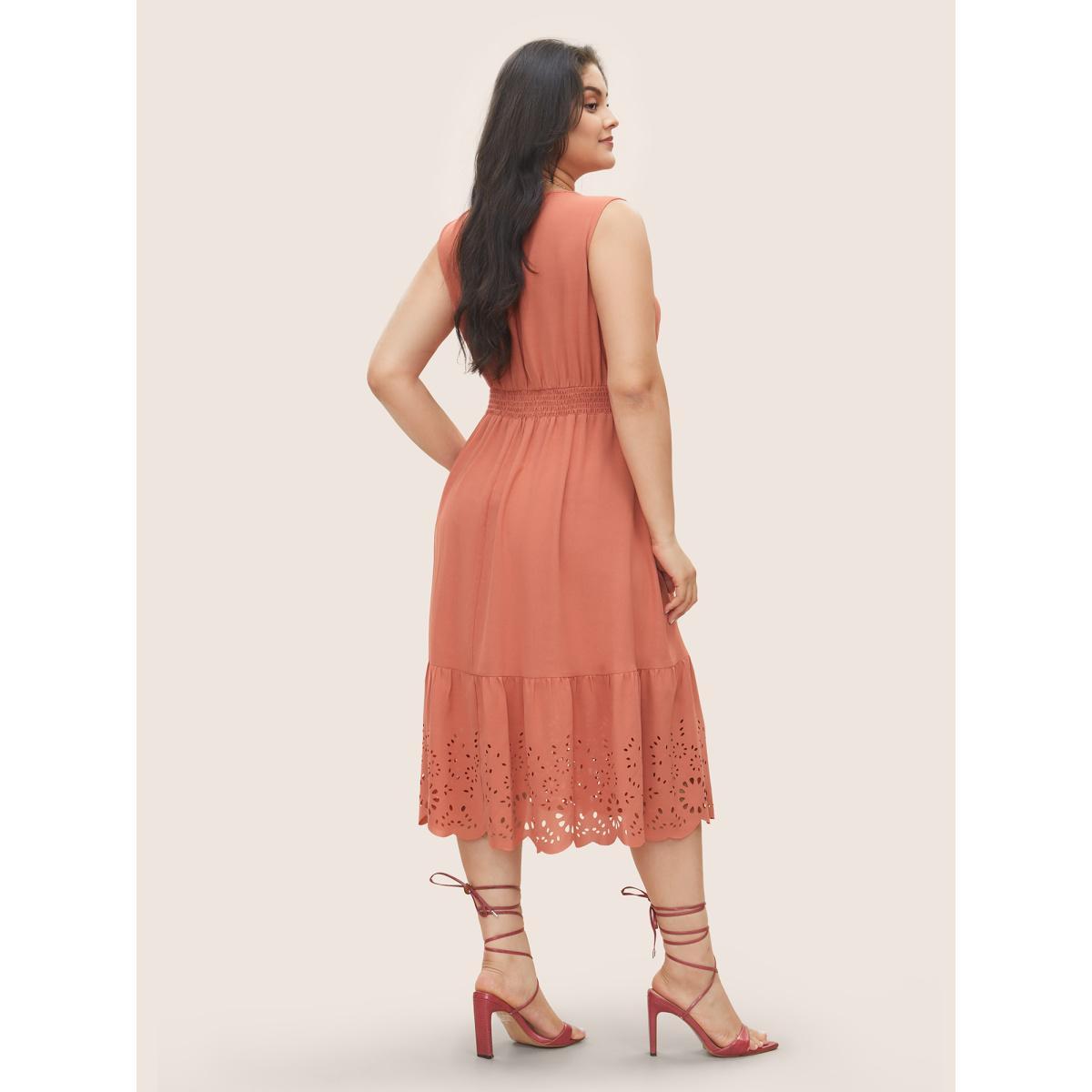 Plus Size Plain Laser Cut Shirred Wrap Tank Dress Coral Women Elegant Overlapping Overlap Collar Sleeveless Curvy Midi Dress BloomChic 14-16/1X Product Image