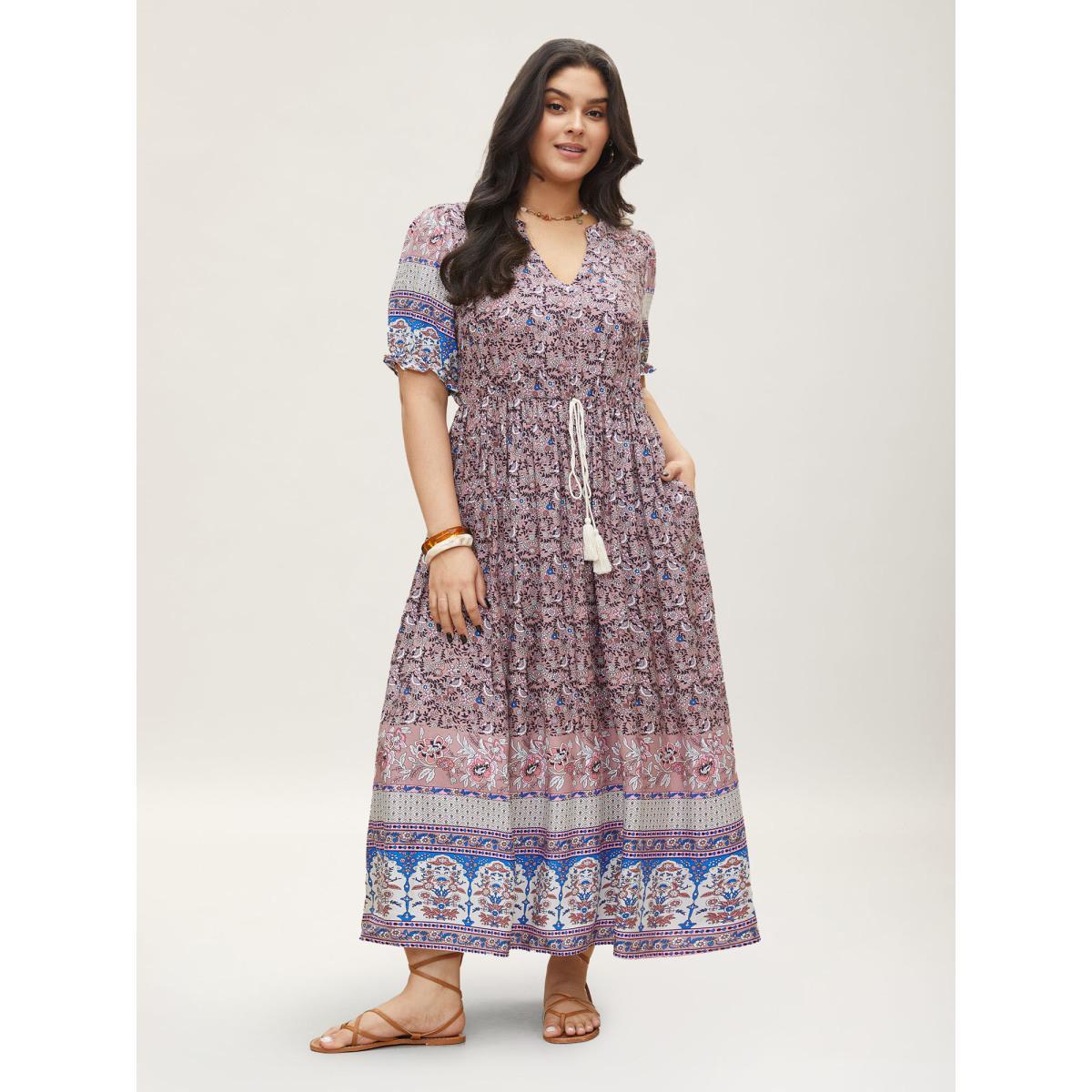Plus Size Boho Print Notched Ties Tassel Trim Dress DustyPink Women Resort Non Flat collar with V-notch Short sleeve Curvy BloomChic 22-24/3X Product Image