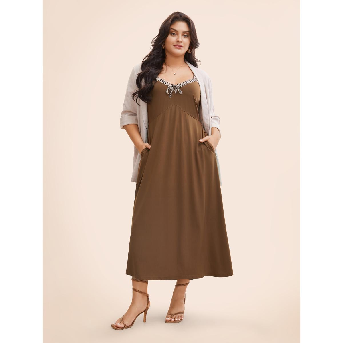 Plus Size Leopard Print Patchwork Ties Cami Dress Browncoffeecolor Women Elegant Tie knot V-neck Sleeveless Curvy BloomChic 22-24/3X Product Image
