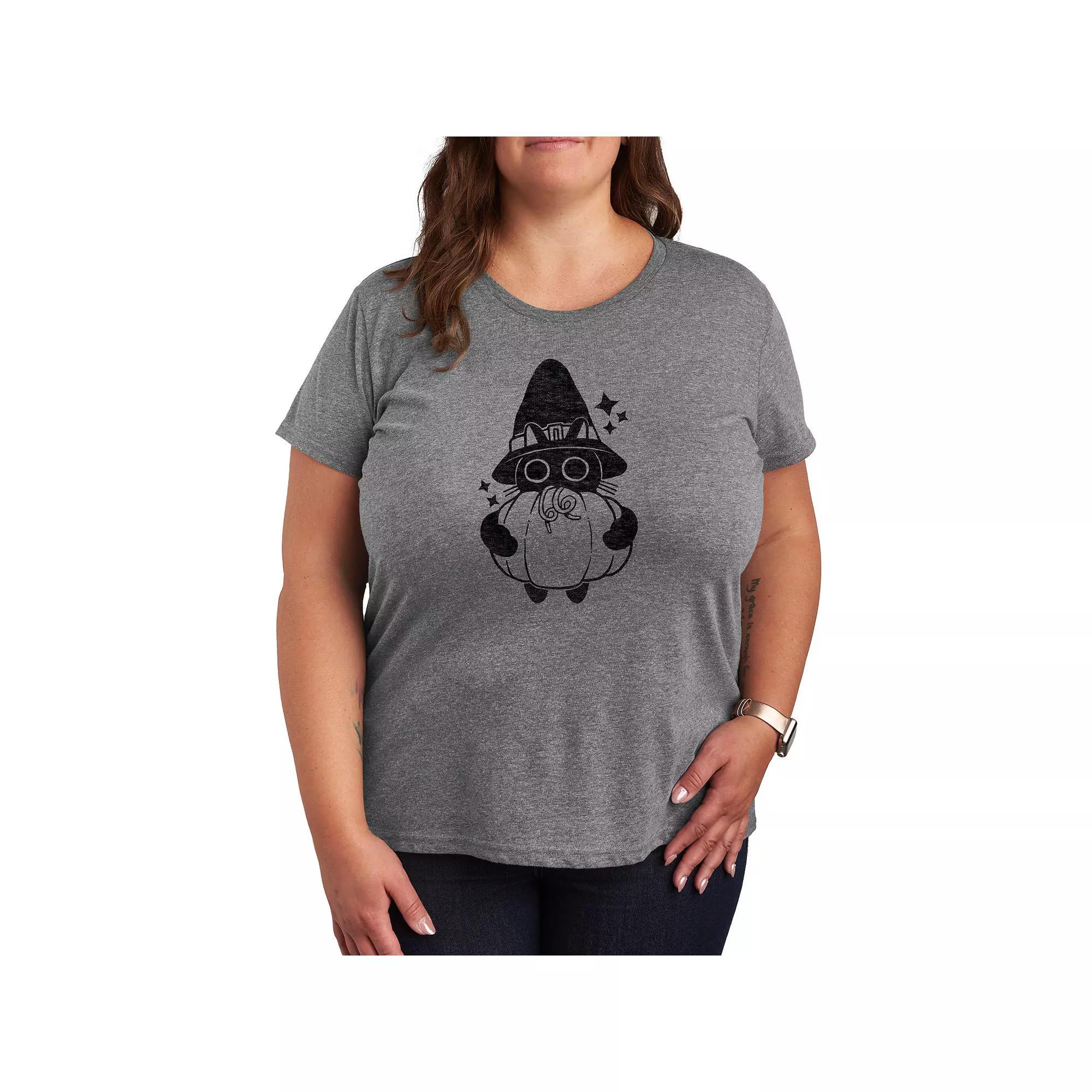 Plus Size Witch Cat With Pumpkin Graphic Tee, Womens Grey Gray Product Image