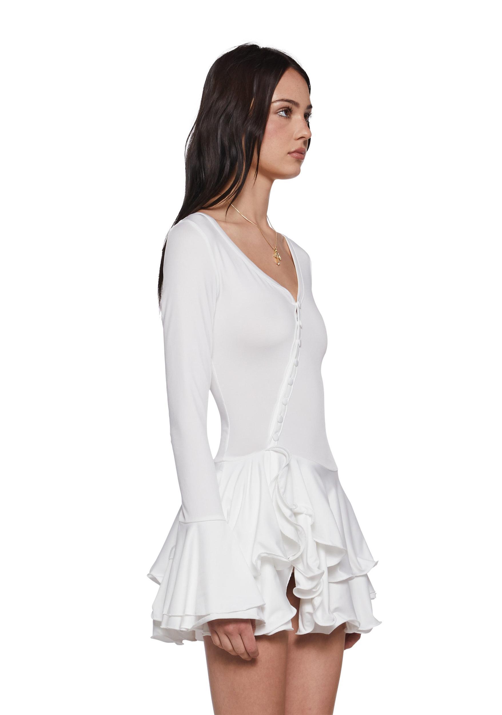 Womens Sexy Ruffled Button Mini Dress - White Product Image