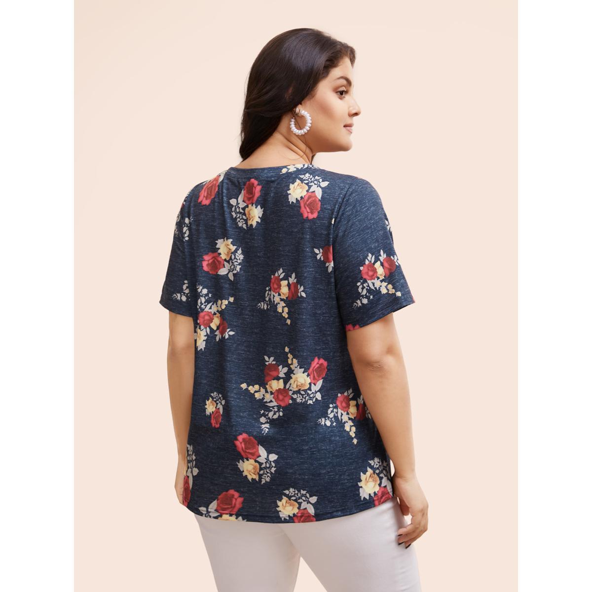 Plus Size Floral Print Heather Patched Pocket T-shirt Multicolor Women Elegant Printed Floral V-neck Dailywear T-shirts BloomChic 30/6X Product Image