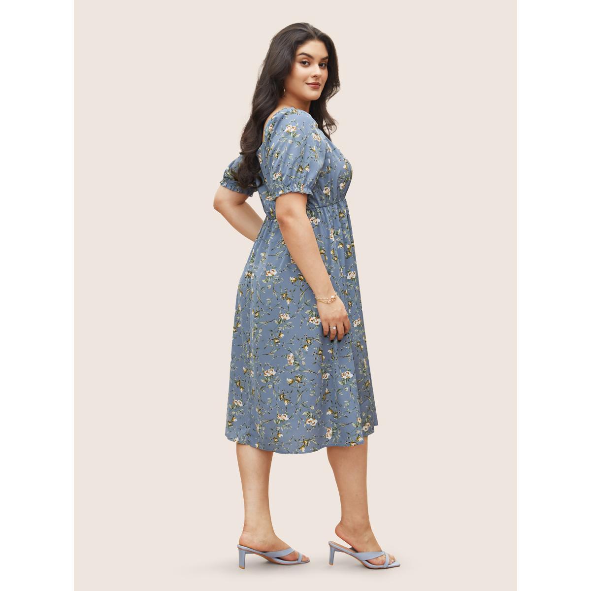 Plus Size Ditsy Floral Square Neck Elastic Waist Gathered Dress Stone Women Elegant Non Square Neck Short sleeve Curvy Midi Dress BloomChic 30/6X Product Image