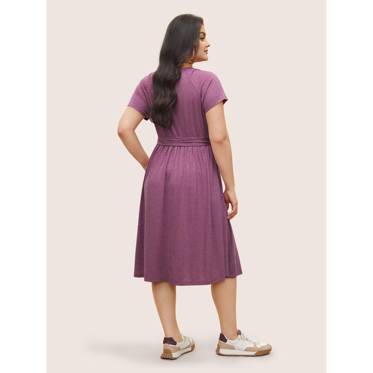 Plus Size Supersoft Essentials Plain Raglan Sleeve Belted Dress Lilac Women Basics Non Square Neck Short sleeve Curvy Midi Dress BloomChic 28/5X Product Image
