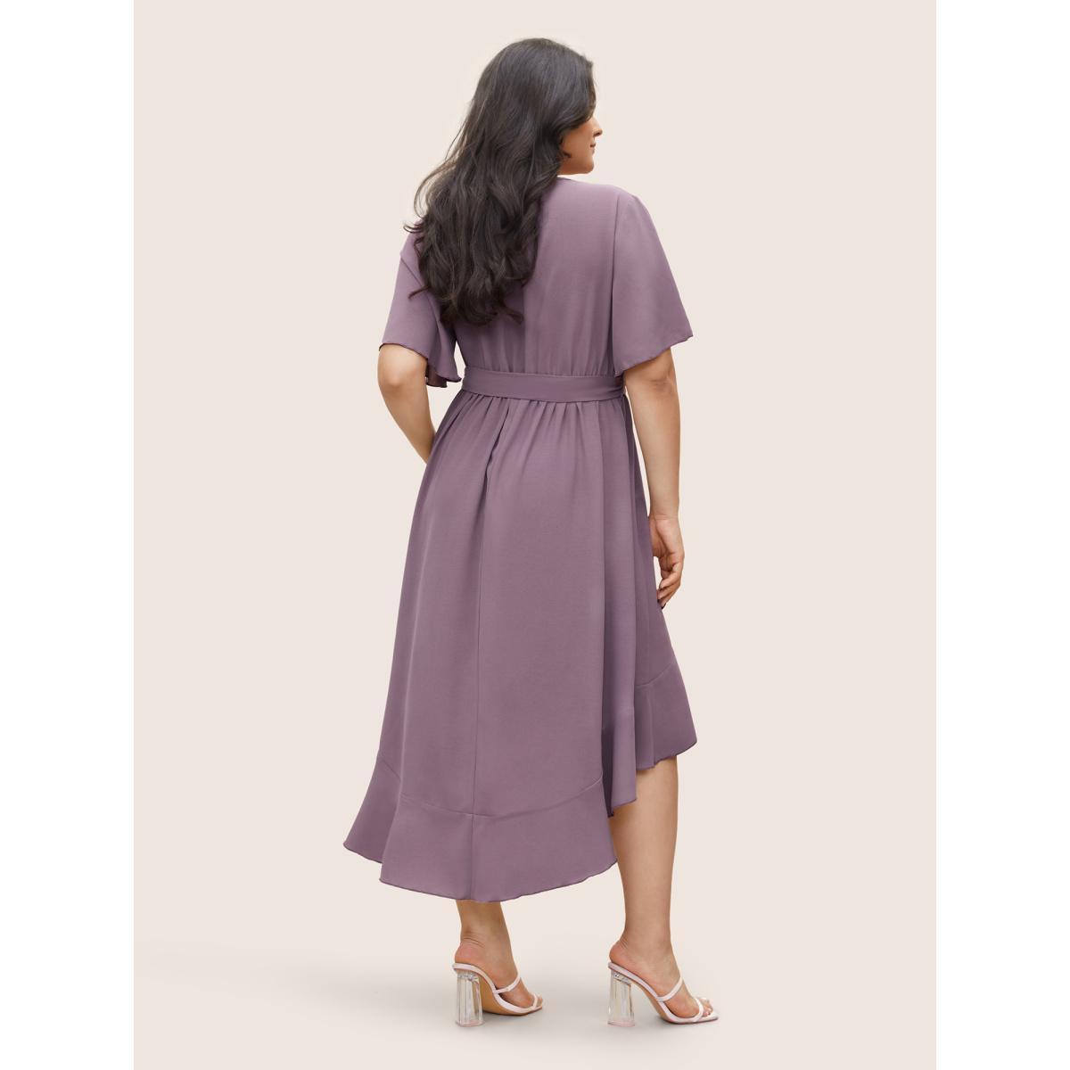 Plus Size Bloom Dress - Solid Tie Surplice Ruffle High Low Dress Plum Women Elegant Cross straps V-neck Short sleeve Curvy Midi Dress BloomChic 18/2X Product Image