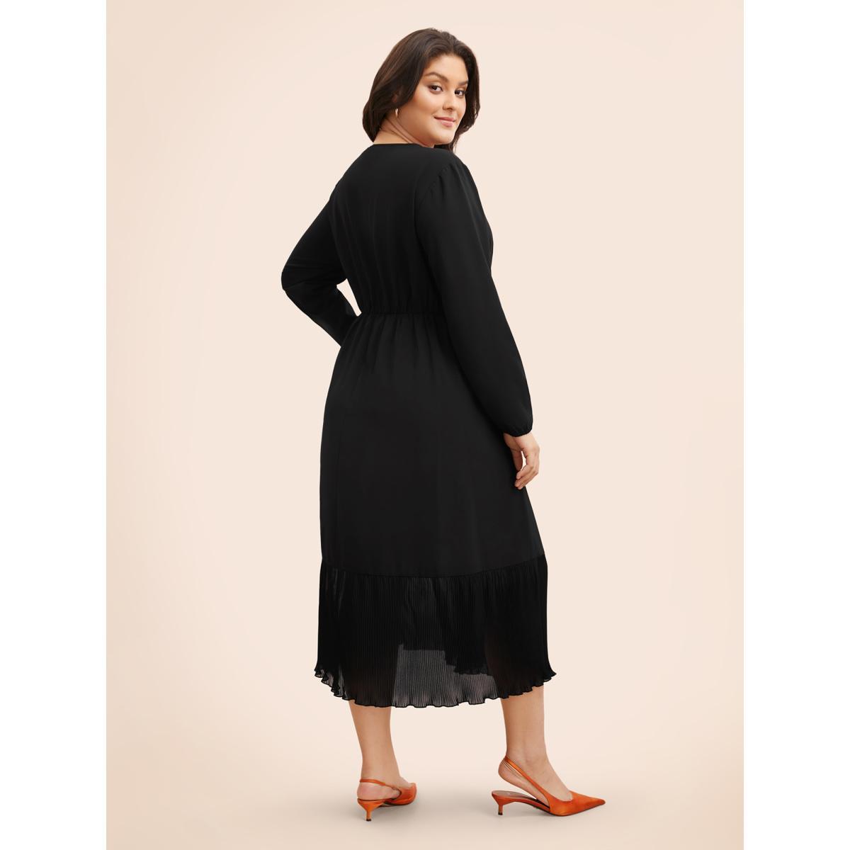 Plus Size Mesh Patchwork Lantern Sleeve Pleated Dress Black Women Elegant See through V-neck Long Sleeve Curvy BloomChic 18-20/2X Product Image