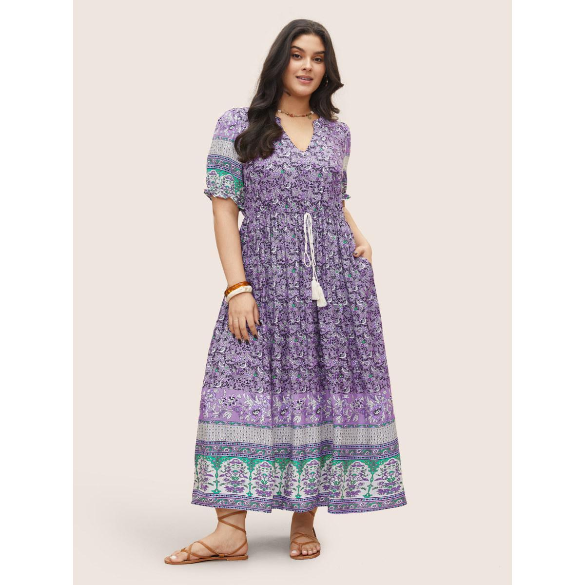 Plus Size Boho Print Notched Ties Tassel Trim Dress Lilac Women Resort Non Flat collar with V-notch Short sleeve Curvy BloomChic 26/4X Product Image