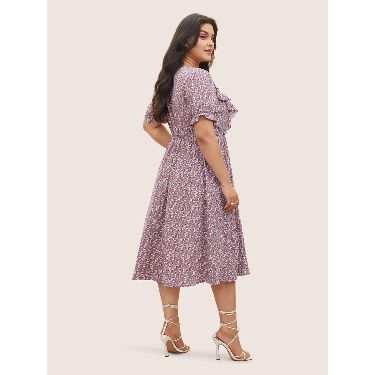 Plus Size Ditsy Floral Ruffle Trim Ties Lantern Sleeve Dress Heather Women Elegant Non Round Neck Short sleeve Curvy Midi Dress BloomChic 18-20/2X Product Image