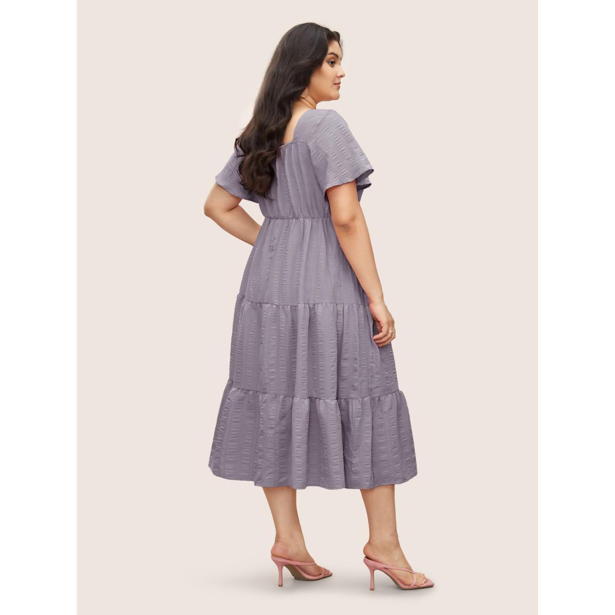 Plus Size Plain Ruched Drawstring Pocket Ruffle Tiered Dress Lilac Women Elegant Non V-neck Short sleeve Curvy Midi Dress BloomChic 12/L Product Image