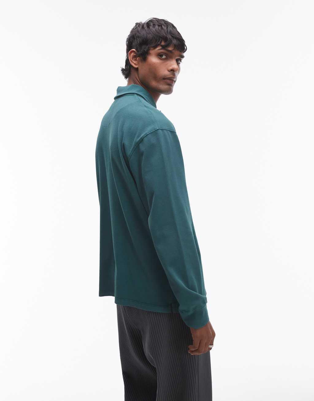 Topman long sleeve polo in washed green Product Image