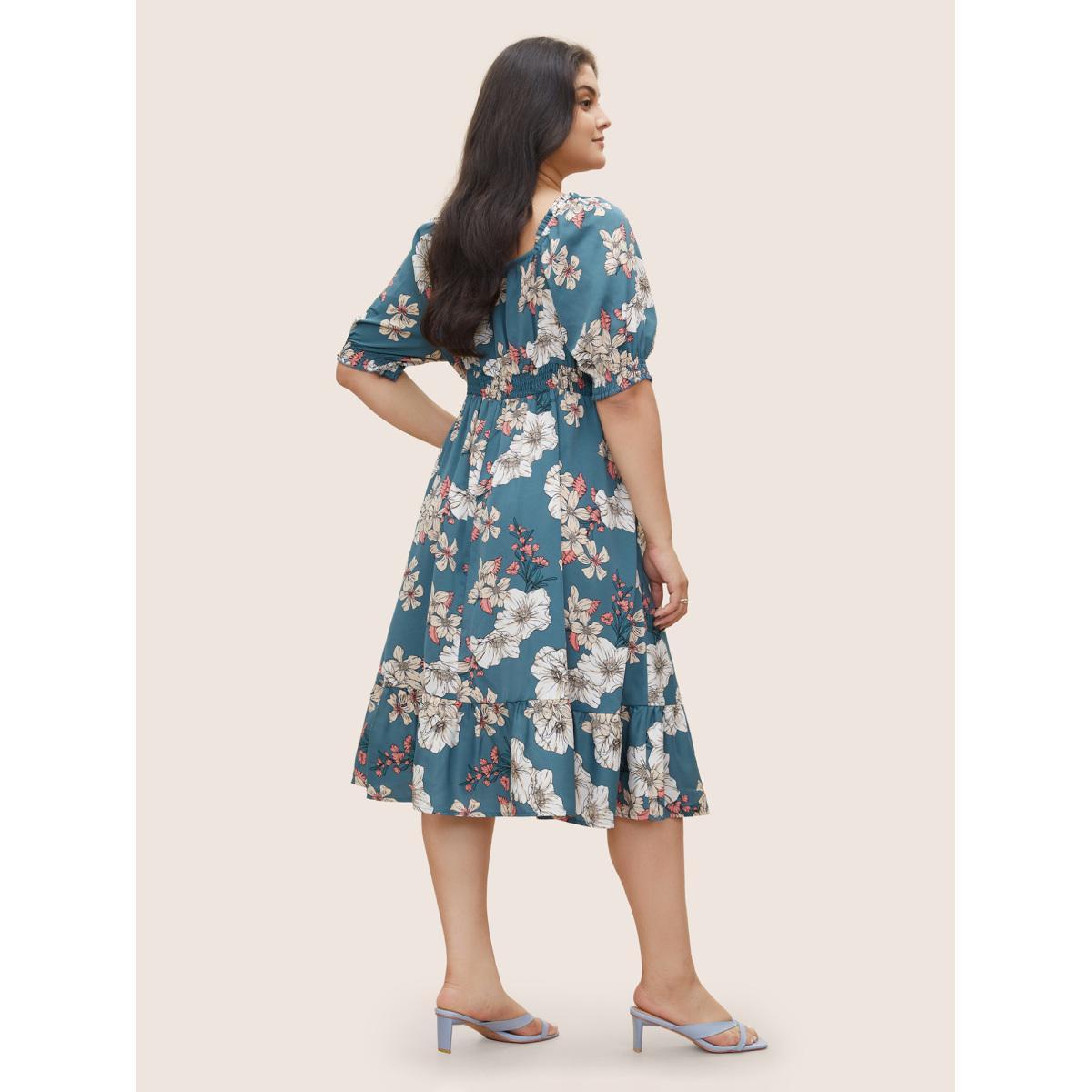 Plus Size Floral Frill Trim Shirred Pocket Square Neck Dress Stone Women Elegant Non Square Neck Short sleeve Curvy Midi Dress BloomChic 26/4X Product Image