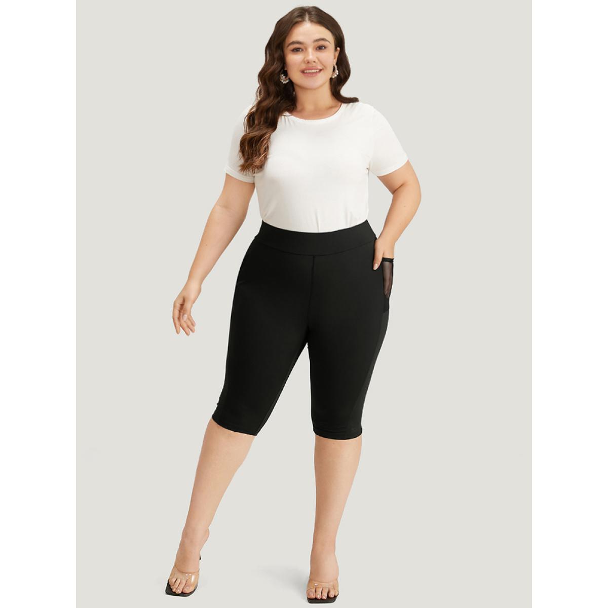 Plus Size Skinny Wideband Waist Mesh Patchwork Pocket Leggings Women Black Elegant High stretch Skinny High Rise Dailywear Leggings BloomChic 26/4X Product Image