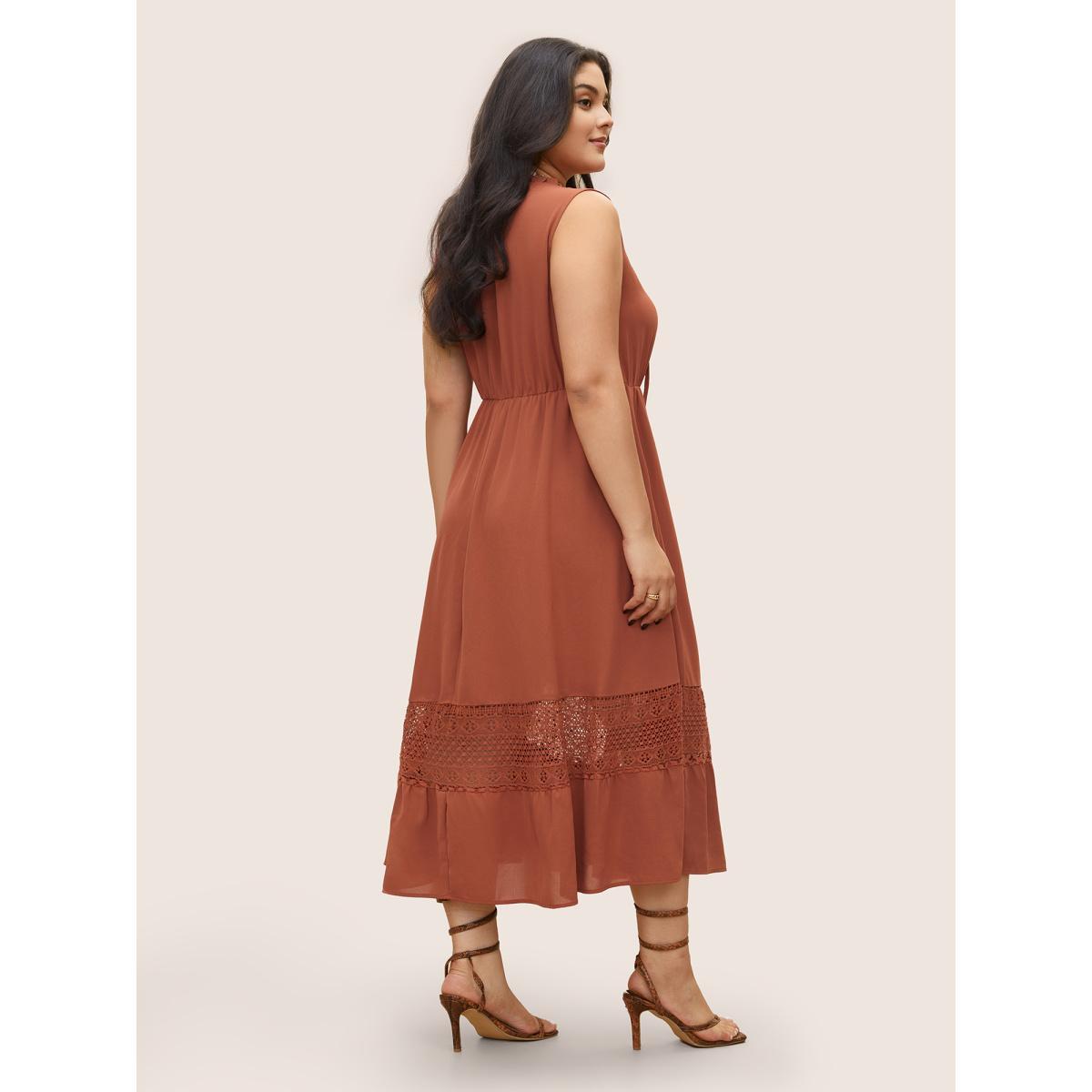 Plus Size Lace Panel Tie Neck Frill Trim Tank Dress Rust Women Resort Non V-neck Sleeveless Curvy Midi Dress BloomChic 18-20/2X Product Image