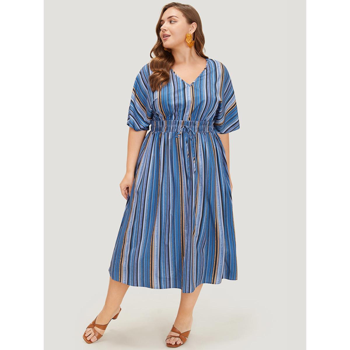 Plus Size Striped Contrast Pocket Knot Shirred Batwing Sleeve Dress Indigo Women Vacation Gathered V-neck Short sleeve Curvy Midi Dress BloomChic 28/5X Product Image
