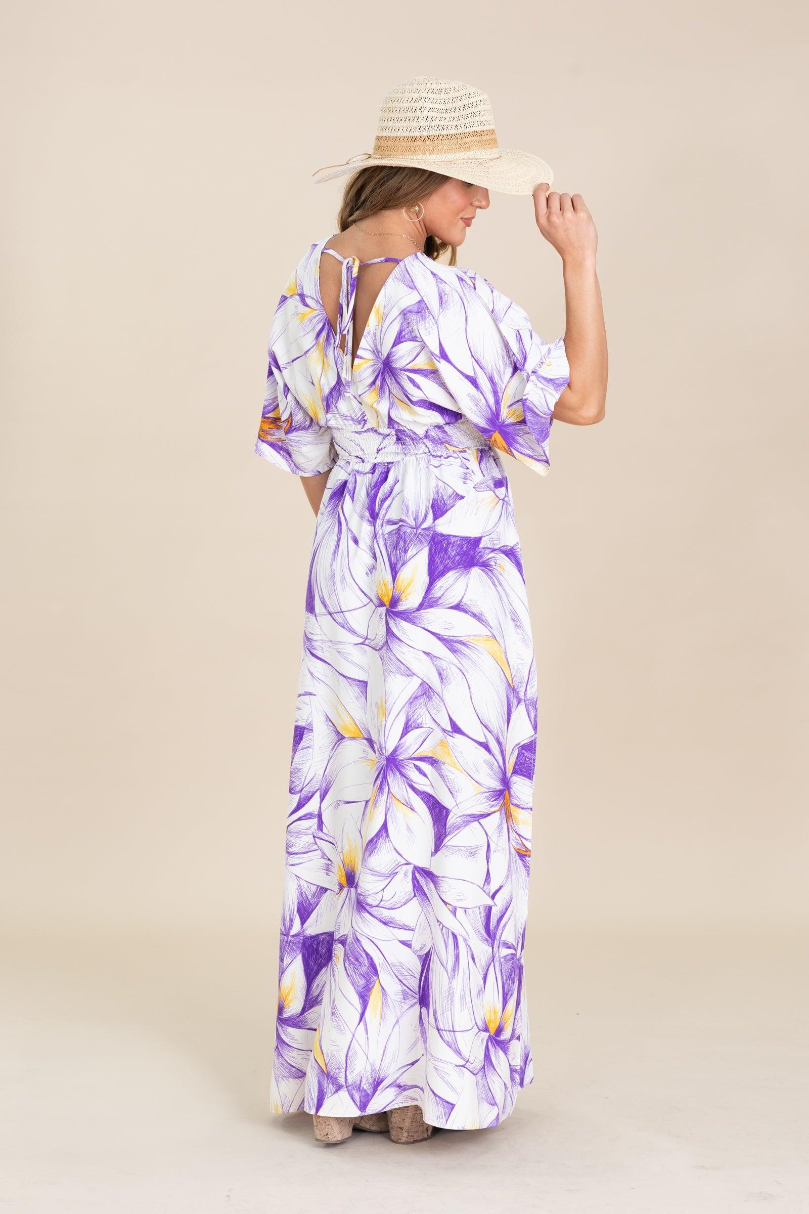 Purple And Off White Floral Print Maxi Dress Product Image