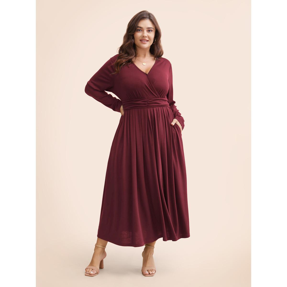 Plus Size Supersoft Essentials Ruched Wrap Pleated Hem Dress Burgundy Women Casual Non Overlap Collar Long Sleeve Curvy Midi Dress BloomChic 28/5X Product Image