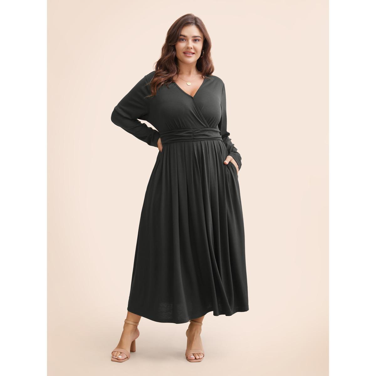 Plus Size Supersoft Essentials Ruched Wrap Pleated Hem Dress DimGray Women Casual Non Overlap Collar Long Sleeve Curvy Midi Dress BloomChic 18-20/2X Product Image