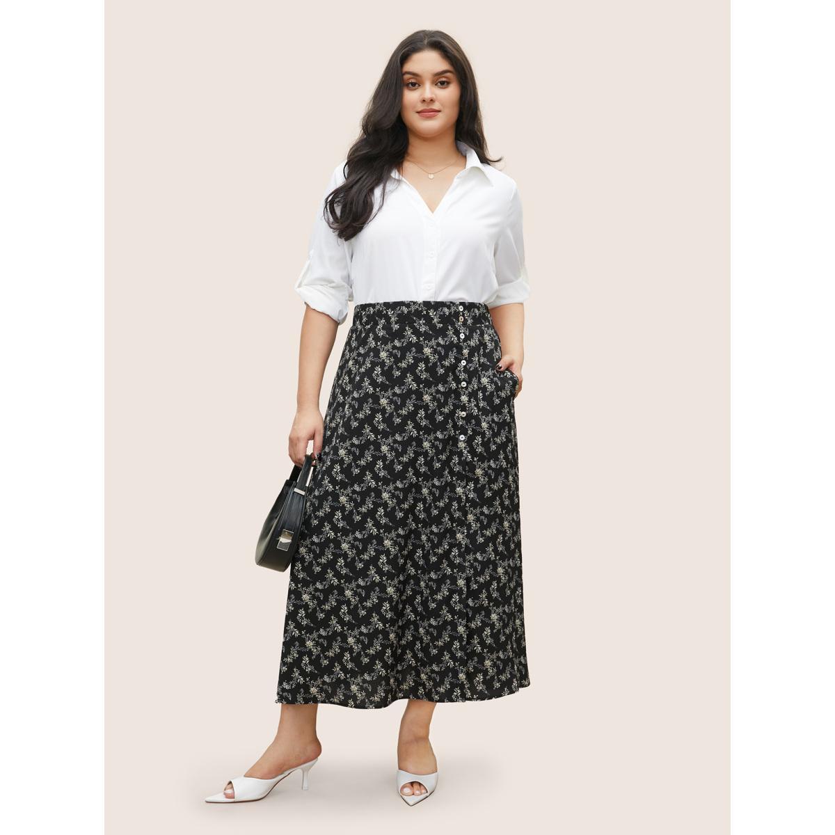 Plus Size Ditsy Floral Split Side Pocket Button Detail Skirt Women BlackFlower Elegant Slit No stretch Slanted pocket Everyday Skirts BloomChic 18-20/2X Product Image