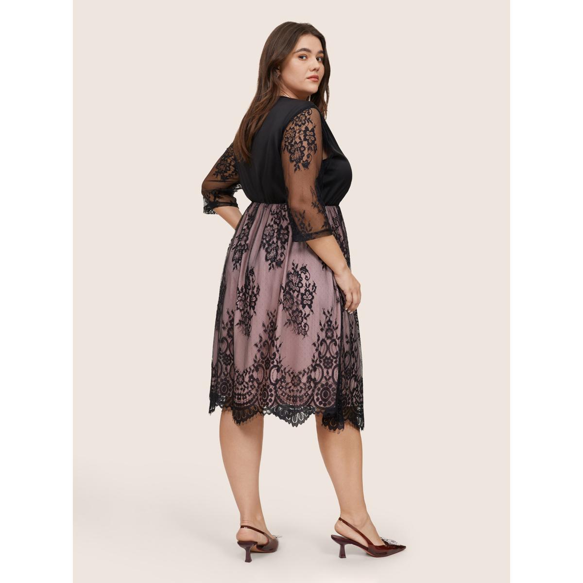 Plus Size Crochet Lace Mesh Overlap Collar Dress Black Women Glamour Lined Overlap Collar Elbow-length sleeve Curvy Midi Dress BloomChic 18-20/2X Product Image