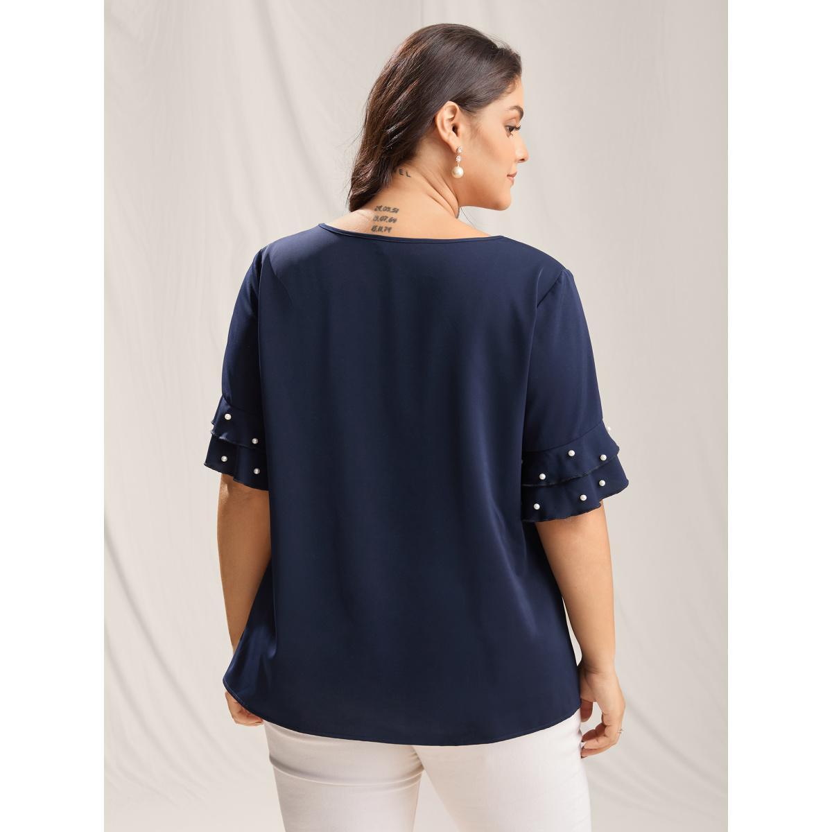 Plus Size Indigo Beaded Layered Sleeve Plain Blouse Women Short sleeve V-neck Everyday-Elegant Blouses BloomChic 28/5X Product Image