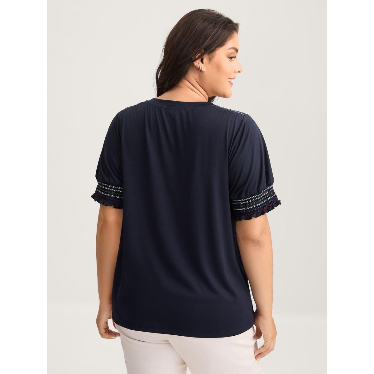 Plus Size Stretchy Colorful Spliced Shirred T-Shirt Midnight Women Shirred V-neck Everyday-Casual T-shirts BloomChic 22-24/3X Product Image