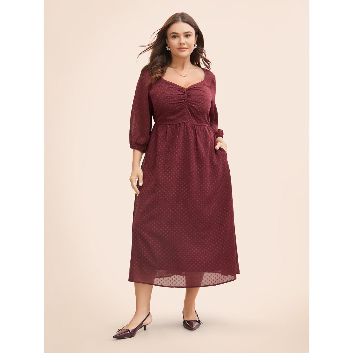 Plus Size Plain Textured Ruched Lantern Sleeve Dress Scarlet Women Elegant Heart neckline Elbow-length sleeve Curvy BloomChic 28/5X Product Image