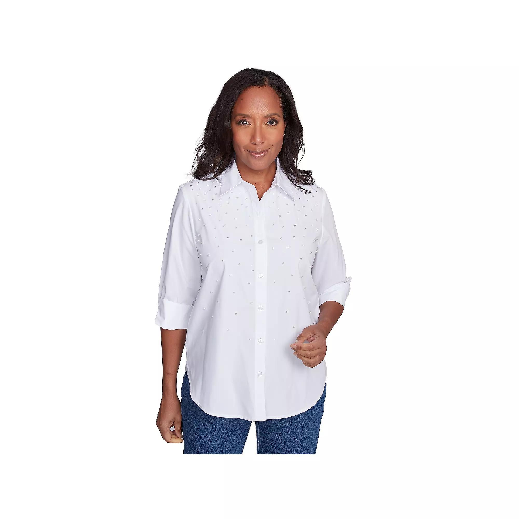 Petite Alfred Dunner Pearl Studded Button Down Top, Women's, Size: XL Petite, White Product Image