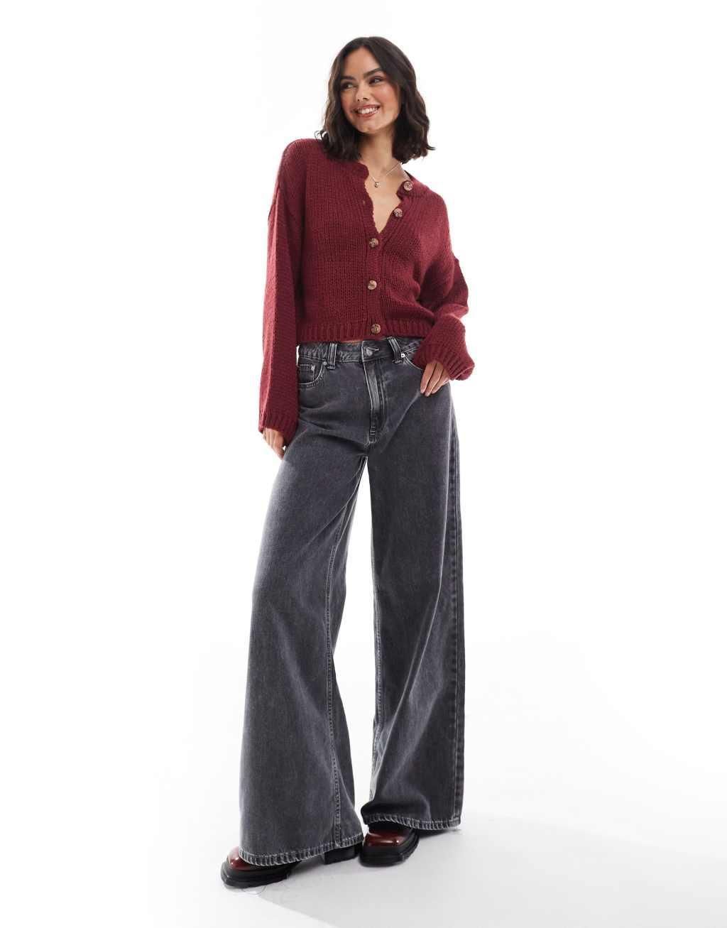 ASOS DESIGN loose knit crew neck cardigan in burgundy Product Image