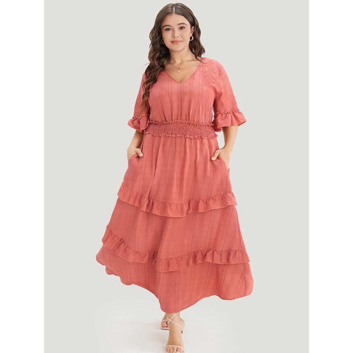 Plus Size Plain Textured Shirred Waist Pocket Ruffle Trim Dress Coral Women Elegant Pocket V-neck Short sleeve Curvy Midi Dress BloomChic 12/L Product Image
