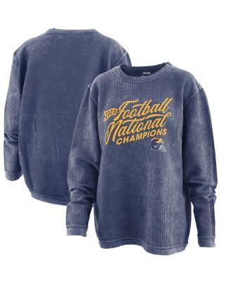 Womens Pressbox Navy Distressed Michigan Wolverines College Football Playoff 2023 National Champions Comfy Cord Pullover Sweatshirt Product Image