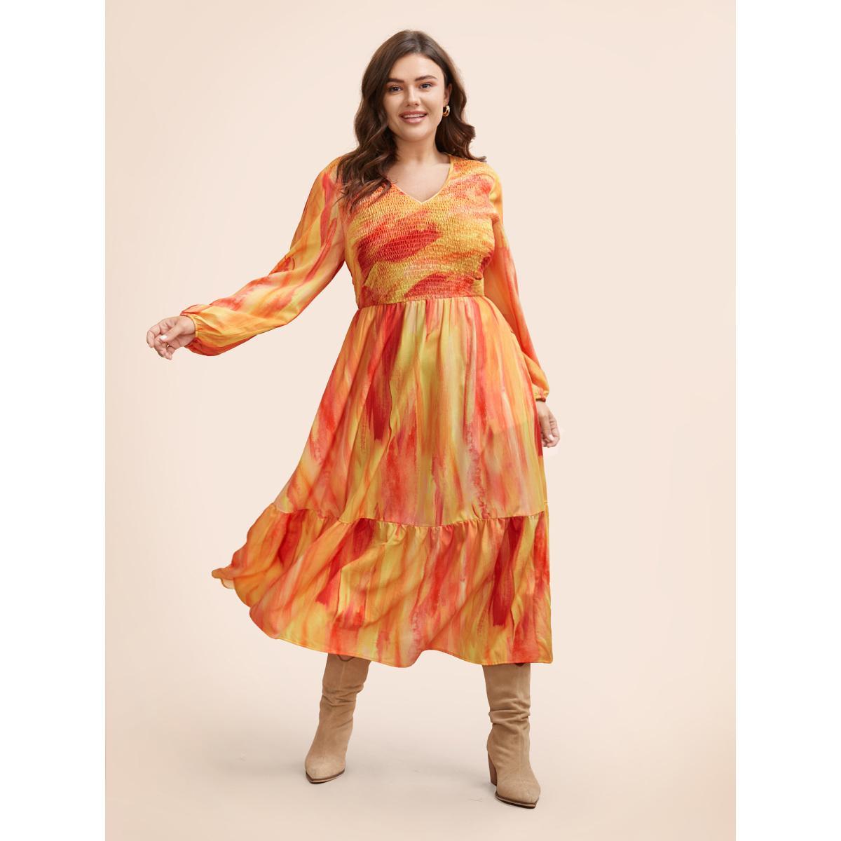 Plus Size Gradient Dyeing Shirred Ruffle Hem Dress Multicolor Women Elegant Gathered V-neck Long Sleeve Curvy BloomChic 14-16/1X Product Image