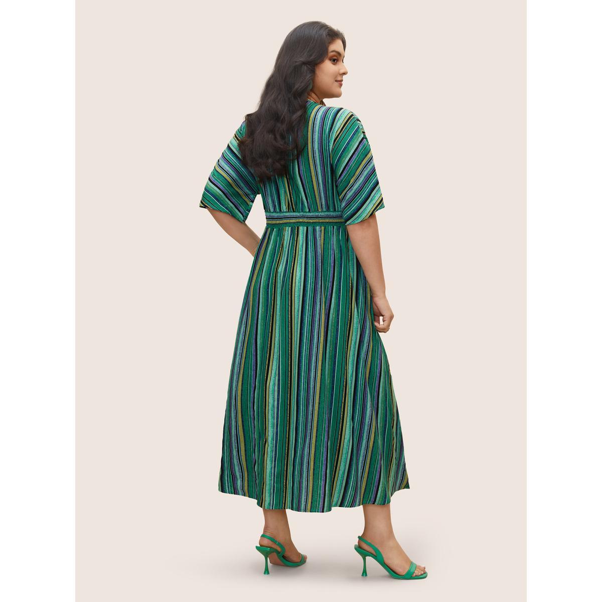 Plus Size Striped Contrast Dolman Sleeve Shirred Pocket Split Flutter Dress Emerald Women Resort Non V-neck Half Sleeve Curvy BloomChic 18-20/2X Product Image