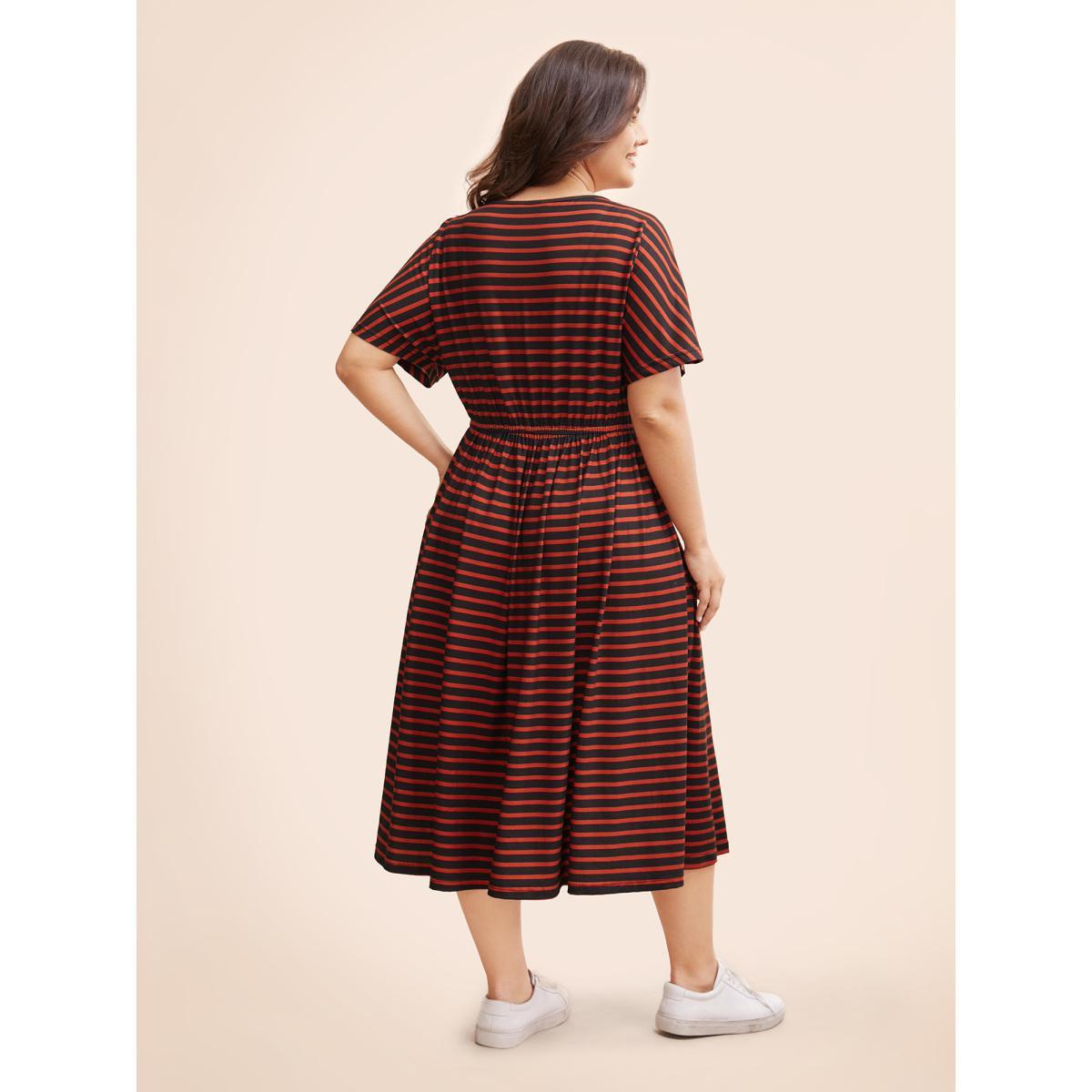 Plus Size Striped Round Neck Drawstring Dolman Sleeve Dress Black Women Casual Gathered Round Neck Short sleeve Curvy BloomChic 14-16/1X Product Image