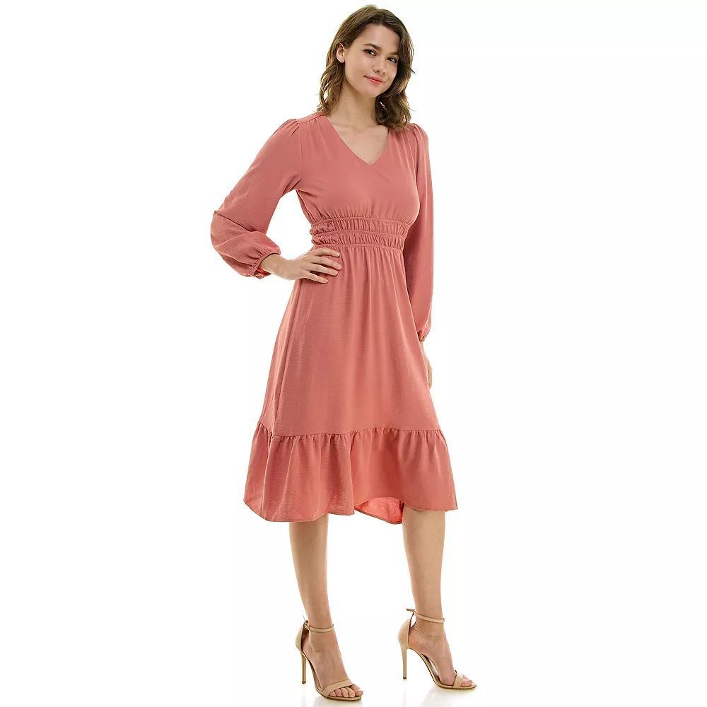 Women's Luxology Smocked Waist V Neck Midi Dress, Size: Large, Clay Product Image