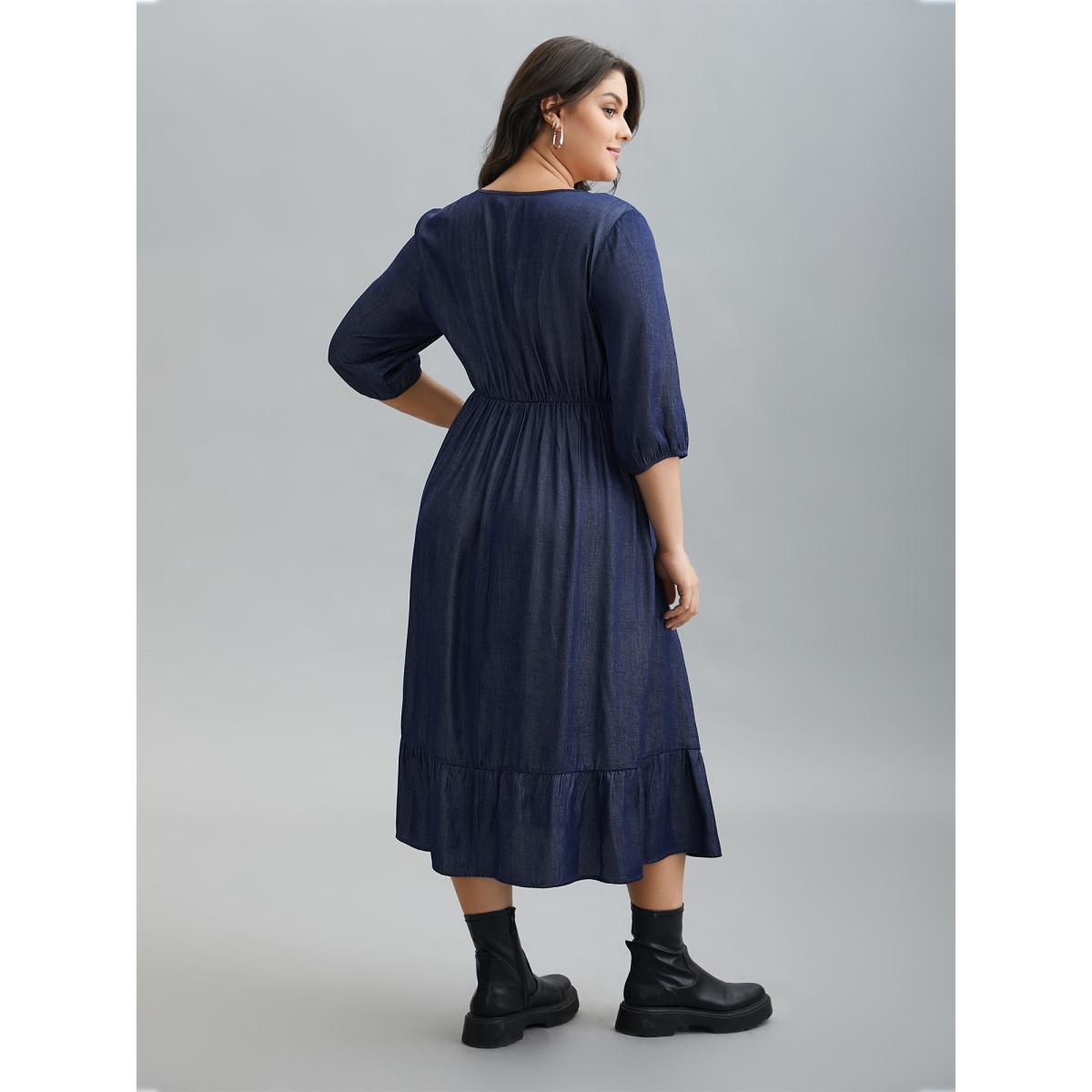 Plus Size V-Neck Button Tiered Maxi Dress Mediumblue Women Casual Button V-neck Elbow-length sleeve Curvy BloomChic 22-24/3X Product Image