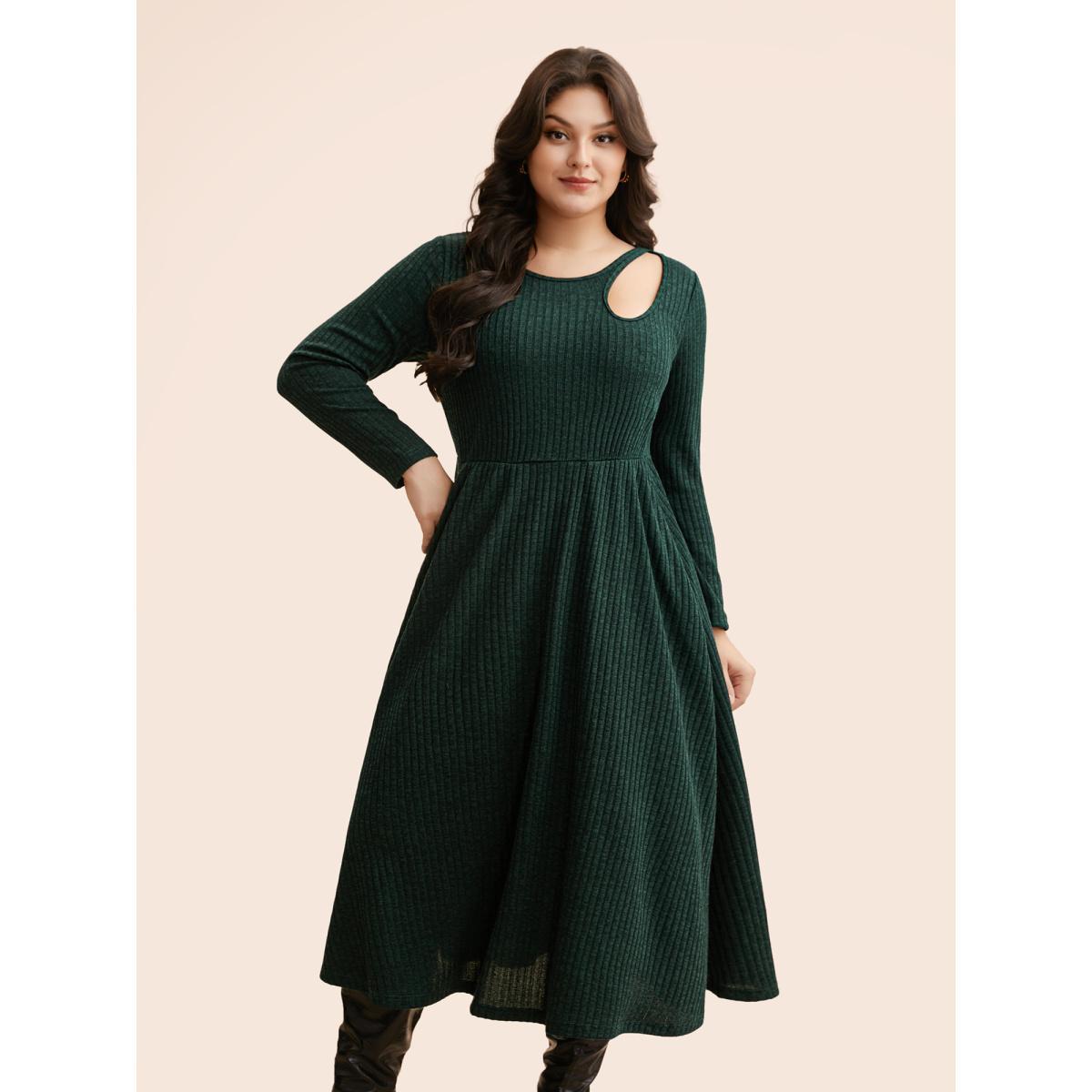 Plus Size Rib Knit Asymmetrical Neck Midi Dress DarkGreen Women Elegant Texture Asymmetrical Neck Long Sleeve Curvy BloomChic 18-20/2X Product Image
