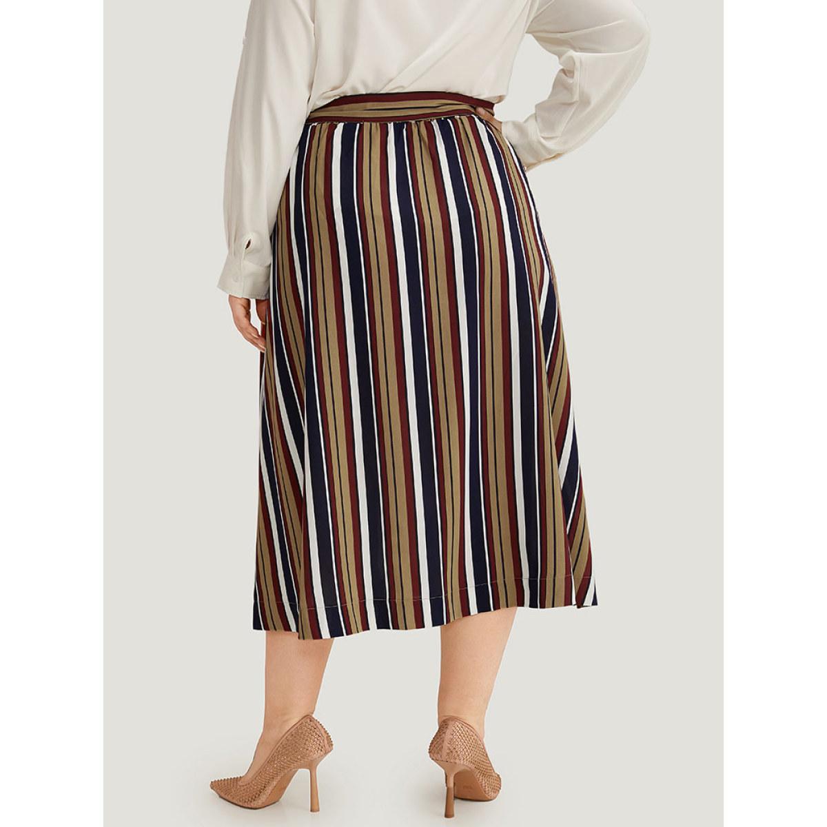 Plus Size Striped Ties Elastic Waist A-line Skirt Women DarkBlue Office A-line Loose No stretch Belt Work Skirts BloomChic 14-16/1X Product Image