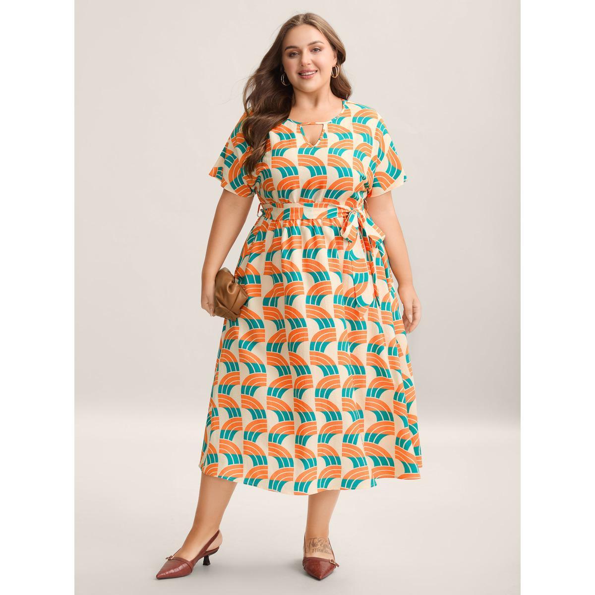 Plus Size Geometric Pattern Stretchy Waist Pockets Midi Dress Multicolor Women At the Office Belted Notched collar Short sleeve Curvy BloomChic 22-24/3X Product Image
