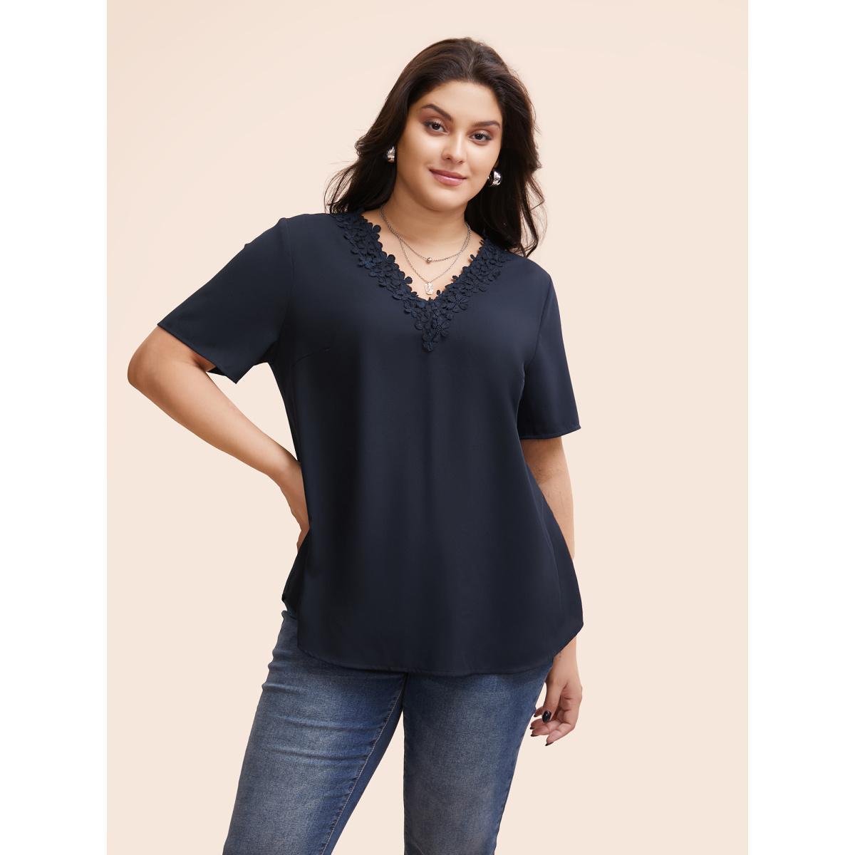 Plus Size Indigo Solid V Neck Woven Ribbon Blouse Women Elegant Half Sleeve V-neck Everyday Blouses BloomChic 10/M Product Image