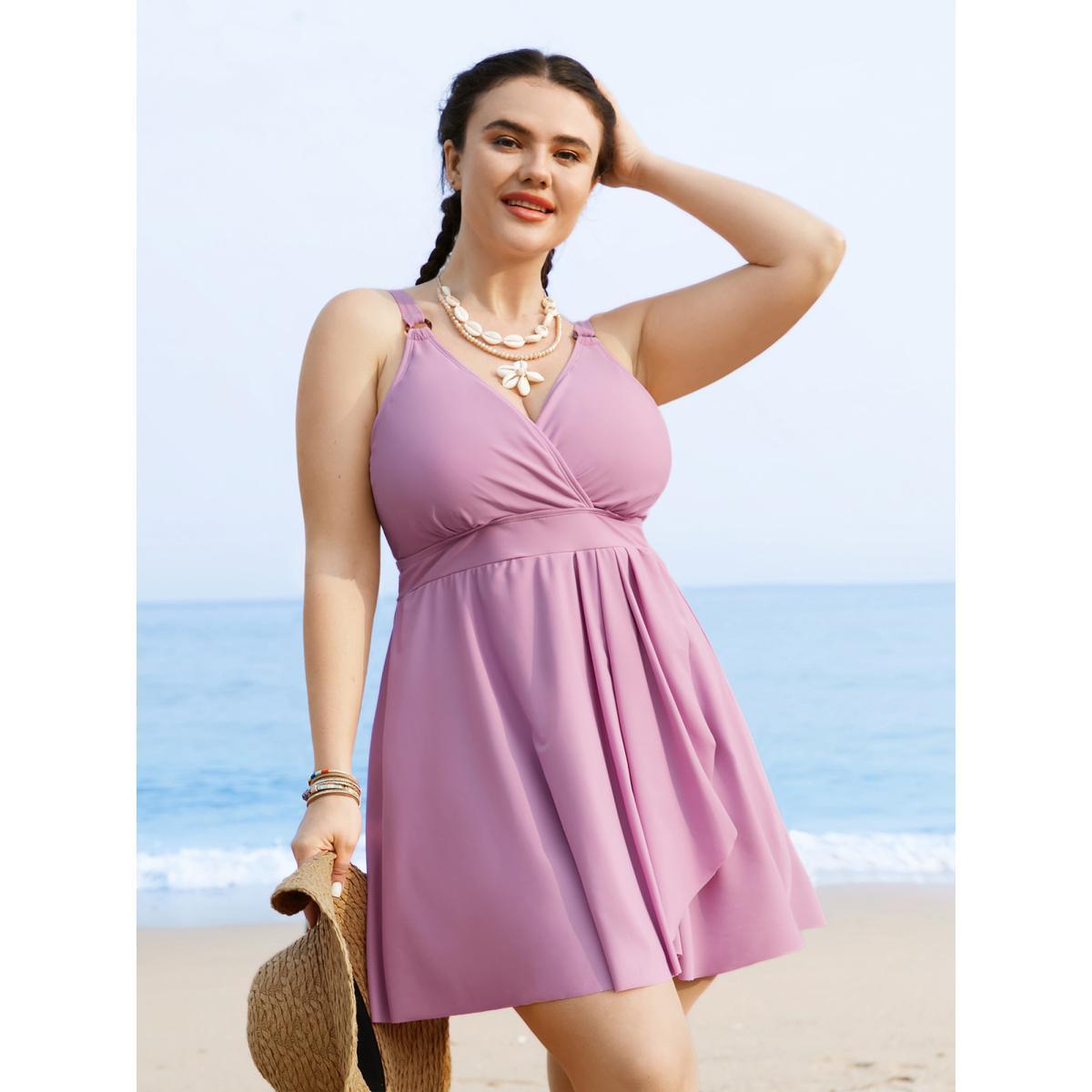 Plus Size Overlap Collar Plain Slit Hem Swim Dress Women's Swimwear Lilac Beach Bodycon Overlap Collar High stretch Curve Swim Dresses BloomChic 10/M Product Image