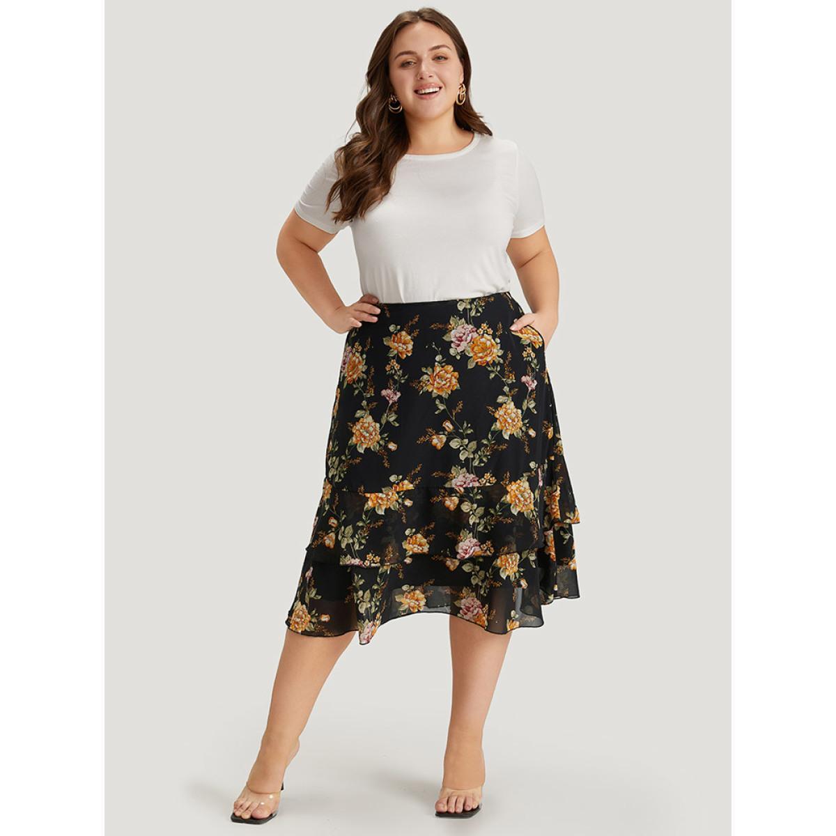 Plus Size Floral Printed Flutter Layered Skirt Women Black Elegant See through No stretch Pocket Dailywear Skirts BloomChic 28/5X Product Image