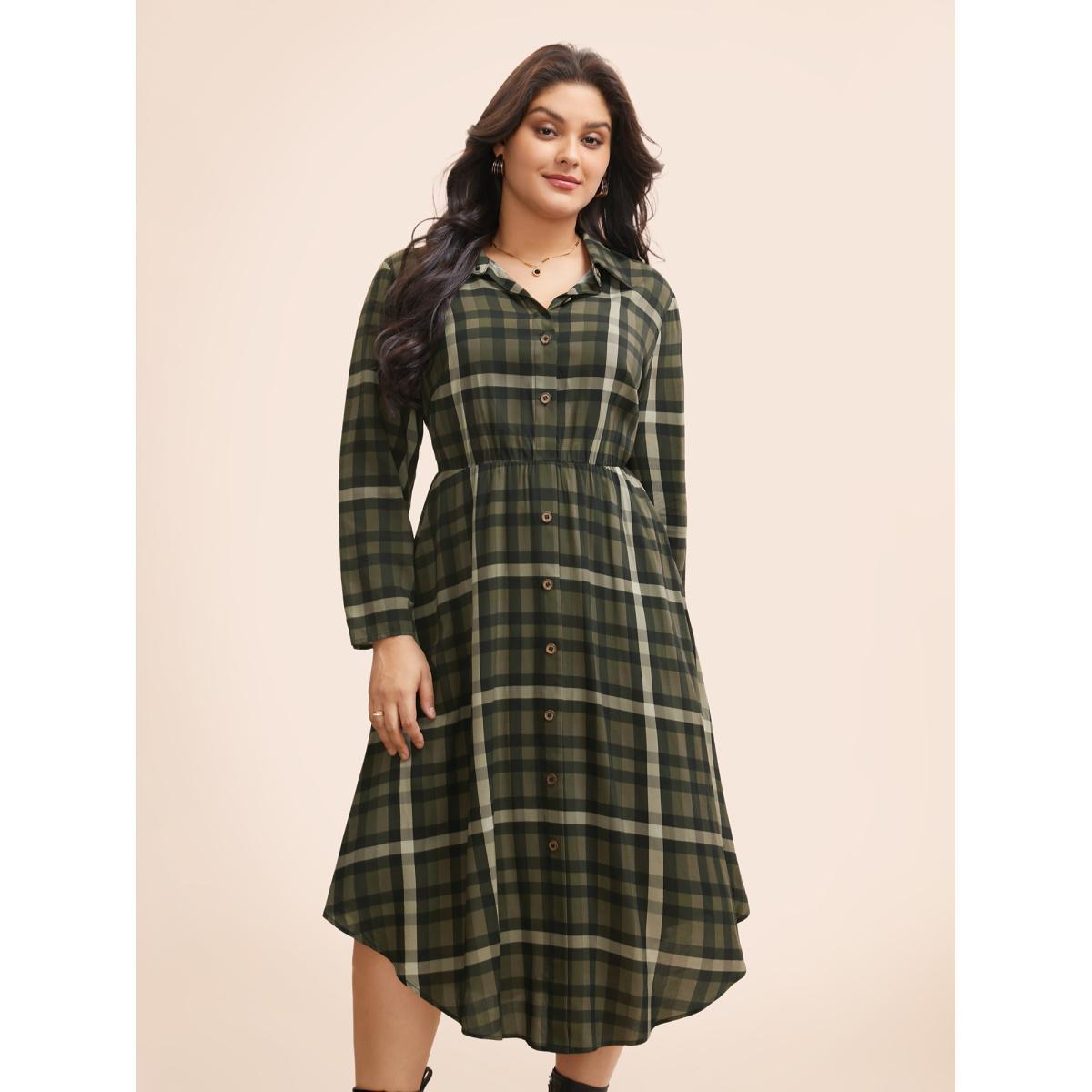 Plus Size Plaid Shirt Collar Curved Hem Dress Yellowishbrown Women Elegant Button Shirt collar Long Sleeve Curvy BloomChic 28/5X Product Image