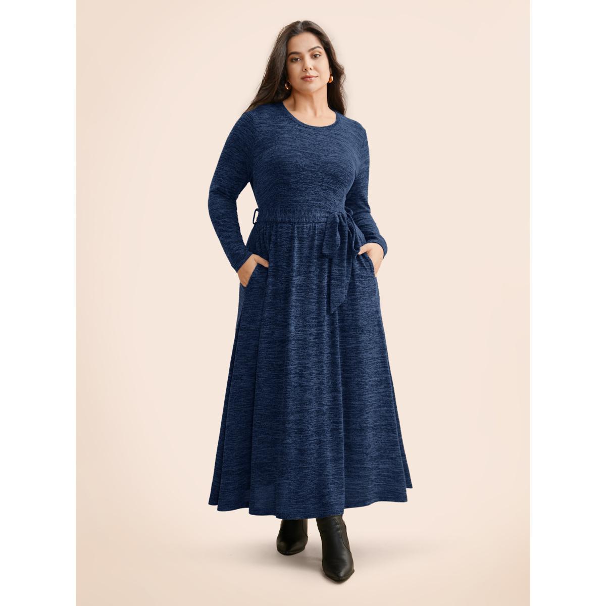 Plus Size Round Neck Heather Belted Dress Mediumblue Women At the Office Texture Round Neck Long Sleeve Curvy BloomChic 12/L Product Image