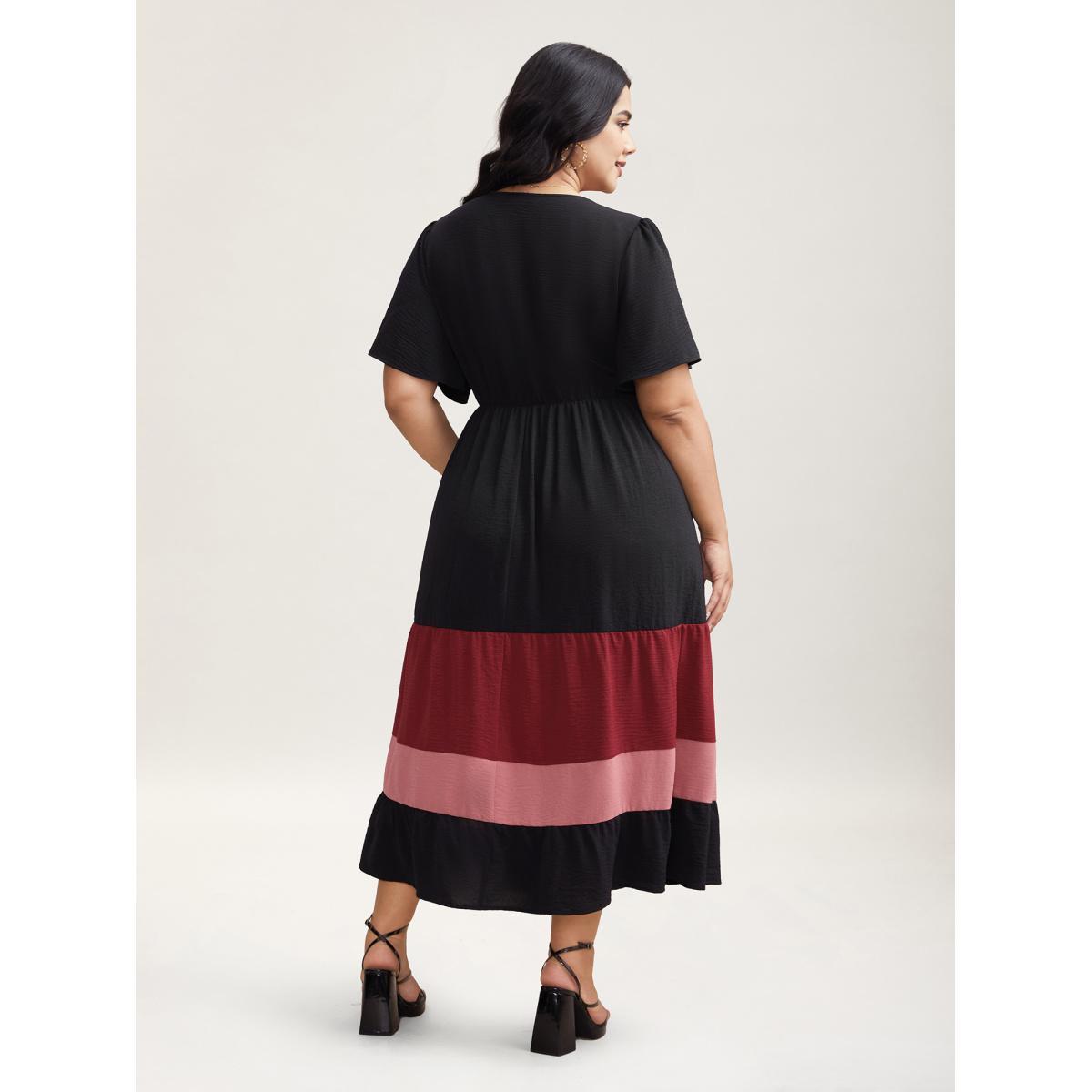 Plus Size Color Contrast Flutter Sleeve Tiered Midi Dress Scarlet Women Elegant Gathered Overlap Collar Short sleeve Curvy BloomChic 22-24/3X Product Image