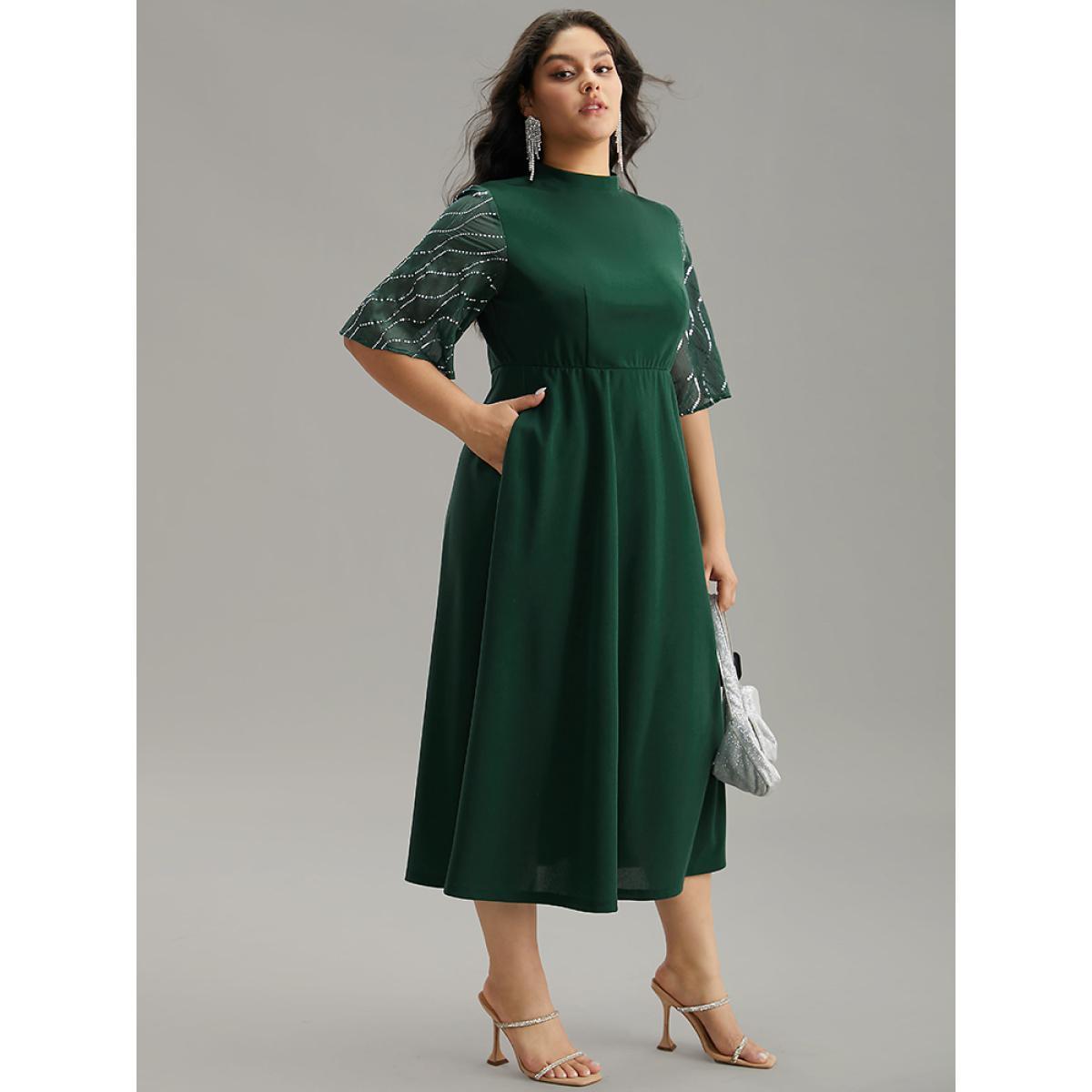 Plus Size Plain Mesh Sequin Patchwork Ruffle Sleeve Dress DarkGreen Women Party Sequin Stand-up collar Short sleeve Curvy Midi Dress BloomChic 18-20/2X Product Image