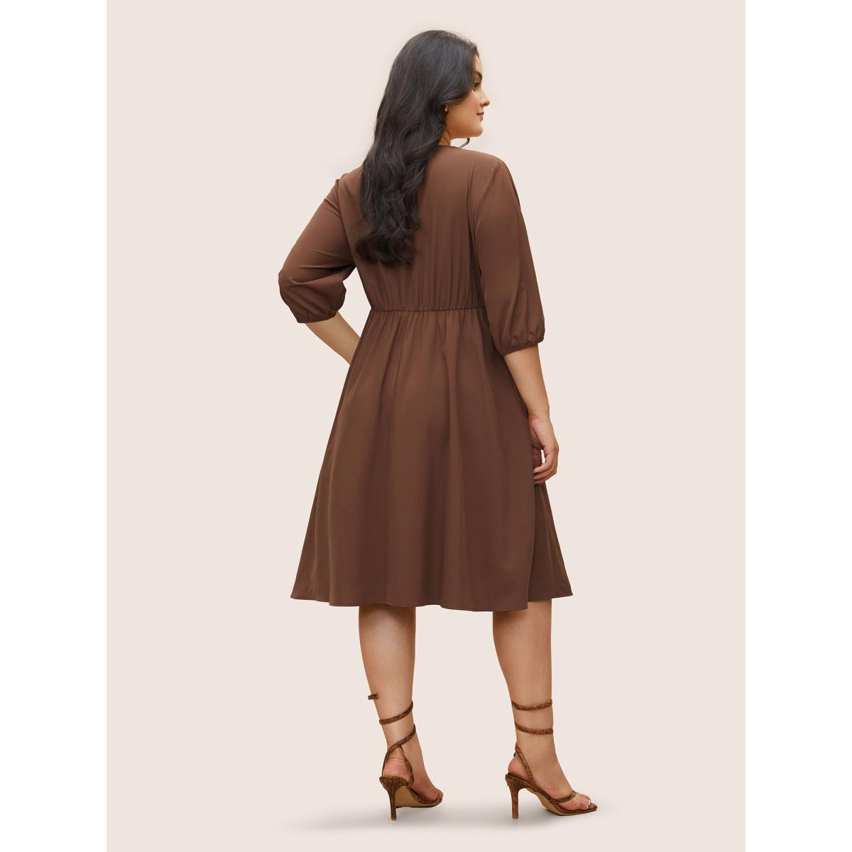 Plus Size Solid Pleated Button Detail Lantern Sleeve Dress DarkBrown Women At the Office Non V-neck Elbow-length sleeve Curvy Midi Dress BloomChic 26/4X Product Image